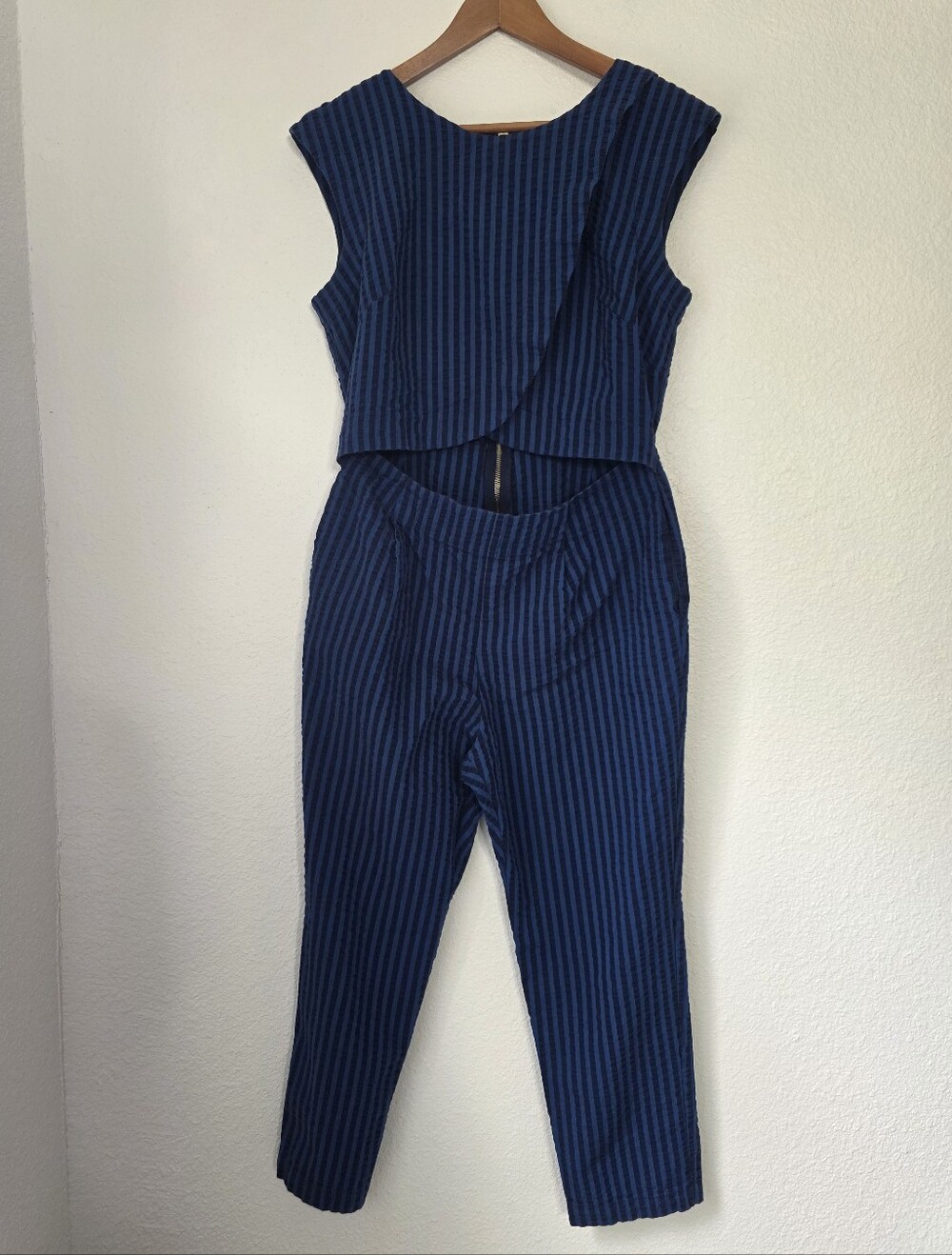 Madri Crossover Seersucker Nursing Jumpsuit, Size M, 100% Cotton